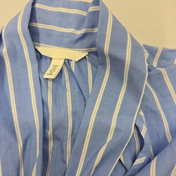 H&M Womens Blue White Striped Pussybow Tie Neck Blouse Long Sleeve Small - Picture 2 of 5
